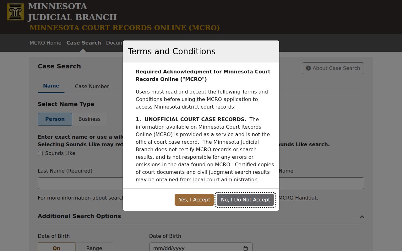 Becker County warrant search case search tabs and name, case, citation, and attorney controls