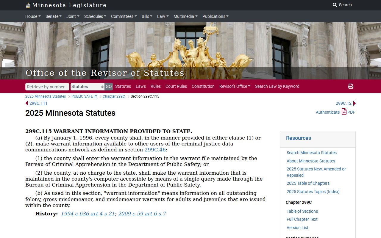 Becker County active warrants statute requiring warrant data in the state criminal justice network